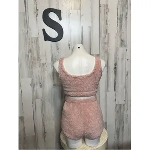 Blush Pink Fuzzy Two Piece Lounge Set Small | Cozy Sherpa Crop Top & Shorts Set thumbnail 4
