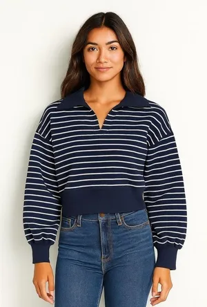 ABERCROMBIE Drama Collar V-Neck Striped Sweatshirt XS NEW Casualwear thumbnail 1