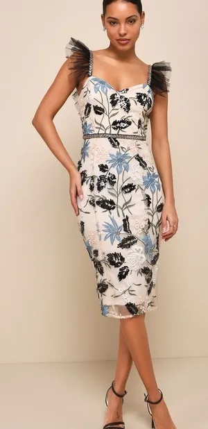 Lulus Show Stopper Cream Embroidered Sequin Bodycon Midi Dress‎ Medium thumbnail 1