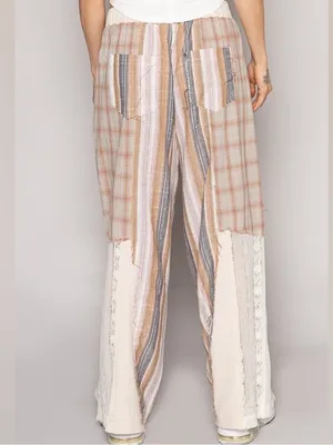 POL NEW relaxed fit patchwork cotton pants plaid, stripes, lace detail medium thumbnail 4