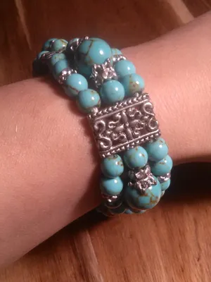 Blue Howlite Three Row Beaded Silvertone Stretch Bracelet thumbnail 12