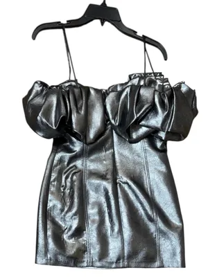Zara Off-Shoulder Metallic Silver Mini Dress with Ruffled Bodice Size Large thumbnail 2