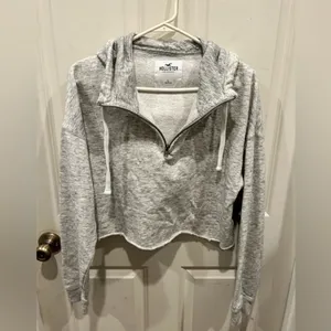 Hollister Womens Large Heather Gray Quarter Zip‎ Cropped Hoodie Raw Hem Marled thumbnail 4