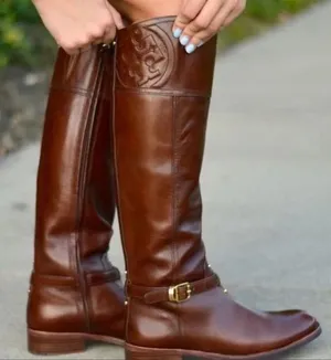 Tory Burch Marlene Riding Boots Brown Leather 9M Gold Buckle Equestrian Tall thumbnail 1