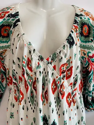 VENUS Printed V-Neck Midi Dress in Green, Cream & Orange thumbnail 4