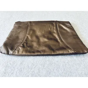 Vintage Leather Clutch Metallic Brown Zip Purse 80s Minimalist Bag Retro thumbnail 3