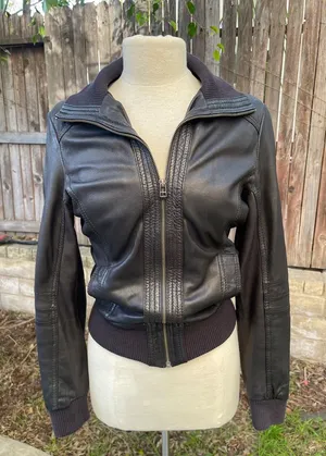 Pimkie Women's Black 100% sheep Leather bomber Jacket steampunk moto boho fall S thumbnail 1