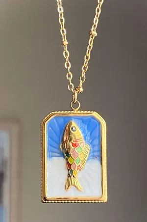 Handmade gold tone stainless steel & enamel fish necklace 🐟🌀 thumbnail 1