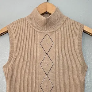 Pointelle Sleeveless Tan Sweater Size Small Ribbed Knit Mock Neck Minimalist thumbnail 2