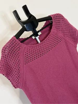 LOFT Berry Mauve Open Knit Short Sleeve Sweater Top Size L thumbnail 3