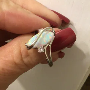 White Gold Plated Brass Created Fire Opal with cubic zirconia sz 6 thumbnail 2