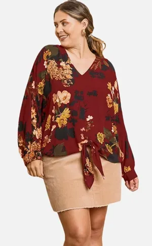 Umgee Floral Tie Front Blouse‎ Burgundy Red Long Sleeve V Neck Top thumbnail 1