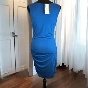 Sleeveless Ruched Bodycon Dress Blue Casual Party‎ Cocktail Club Midi thumbnail 2