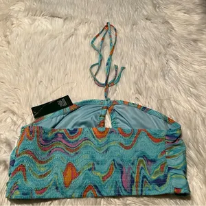 Wild Fable Women's Size XS Swirl Marble Halter Crop Top Aqua Blue Woven Smocked thumbnail 6