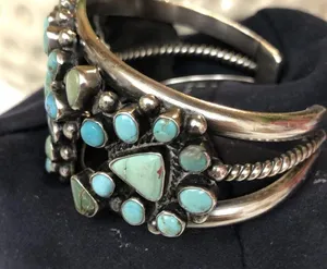 Navajo Indian 70 grams Sterling Silver Turquoise Cluster Bracelet Signed thumbnail 3