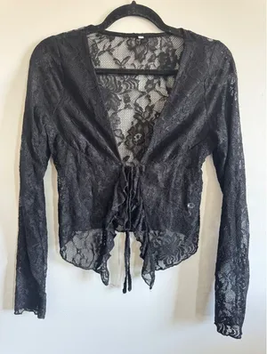 Black Lace Tie Front Crop Top M Sheer Y2K Goth Fairy Grunge‎ Long Sleeve Stretch thumbnail 1