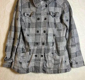 Hurley‎ Women Small Grey Black Plaid Double Breasted Pea Coat Jacket Cotton Knit thumbnail 1