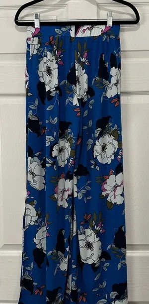 Gill Blue Floral Wide Leg Palazzo Pants White Flower Print Bohemian Flowy Casual thumbnail 1