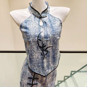Women Two Piece Cheongsam Outfit Halter Neck Top & Midi Skirt Set Embroidery Frog Button Slit Skirt thumbnail 2