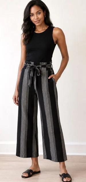 Topshop black gray striped wide leg trousers paperbag pants tie waist size small thumbnail 1