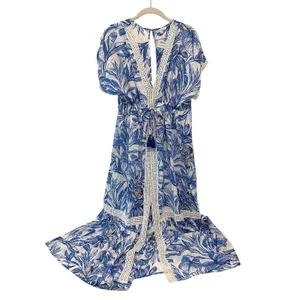 Blue Island Tropical Maxi Cover‎ Up Wmns M Blue White Coastal Crochet Lace Trim thumbnail 4