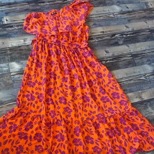 NWOT Elegant One-Shoulder Boho Floral Dress - Orange and Purple thumbnail 4