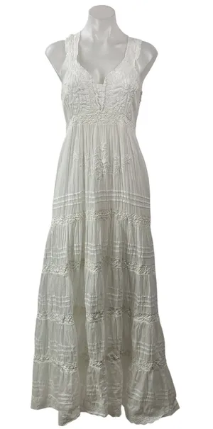 Rosso Ibiza Women's White Sleeveless Tiered Embroidered Bohemian Maxi Dress Sz S thumbnail 1