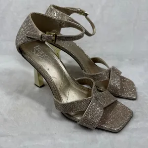 Franco Sarto Rania2‎ Champagne Gold Glitter Square Toe Flare Heel Sandals 7M thumbnail 1