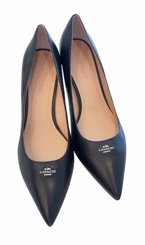 NWOT Coach Black Pointed-Toe Leather Heels with Silver Logo thumbnail 1