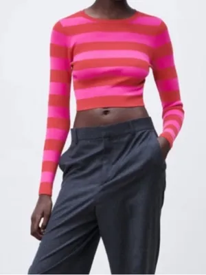Zara Knit Cropped Sweater Pink Red Stripe Long Sleeve Top Medium thumbnail 2