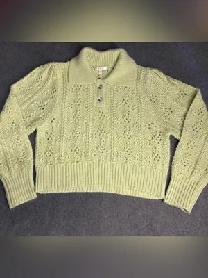 Wayf Light Green Openwork Knit Polo Sweater Size M thumbnail 9