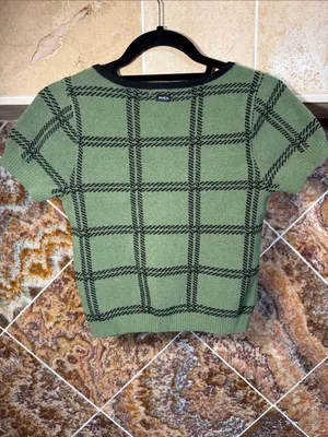 RVCA Green Black Plaid Knit Crop Top Bow Scoop Neck Short Sleeve EUC Size M thumbnail 6