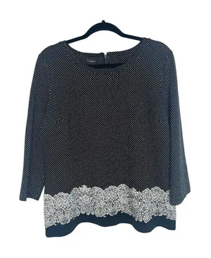 Talbots Womens Polka Dot‎ Lace Printed Knit Blouse Top Black White Size Large thumbnail 1