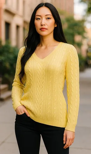 LRL Ralph Lauren citrus yellow linen sweater cable knit v-neck size Medium M thumbnail 1