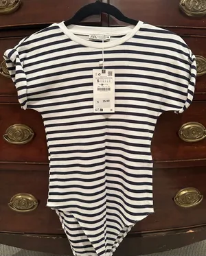 NWT Zara Navy and White Striped Short Sleeve Bodysuit thumbnail 1