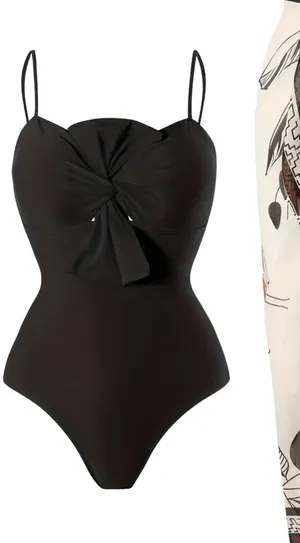 Andrea’s Deals NWT Two-piece Fashionable Bow One-piece Swimsuit, Solid Color Retro Black XL thumbnail 1