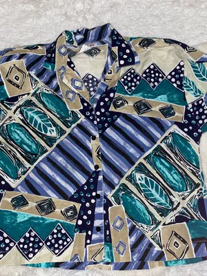 Cabrais woman’s vintage 90s short sleeve button down shirt blouse abstract blue thumbnail 5