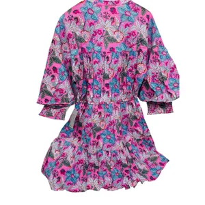 NWT Maisie Floral Ballon 3/4 Sleeve 100% Cotton Minidress Pink Ethnic Size Large thumbnail 2