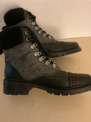 Frye women Black Leather and Gray Wool Lace-Up Shearling Samantha Boots US 8 thumbnail 8