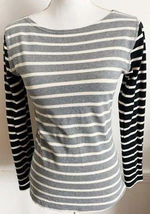 J. Crew • White Grey Black Striped Boatneck Top thumbnail 1