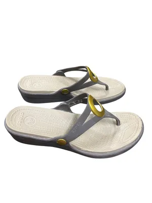 Crocs wms gray faux leather gold ring peep toe sling sandals sz 9W SKU 10-278 thumbnail 3