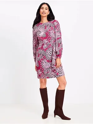 LOFT Petites Magenta Floral Paisley Ruffle Mini Dress 2P NWT Long Sleeve thumbnail 2