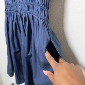 SHE + SKY Women Cotton Preppy Shirt Dress Small Navy Smocked Waist Striped Trim thumbnail 7