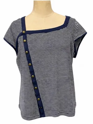 Maeve Anthropologie Navy & White Striped Asymmetrical Button Top XL thumbnail 1