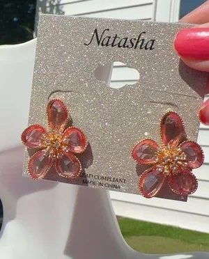 Natasha Gold tone Pink crystal flower earrings stud thumbnail 1