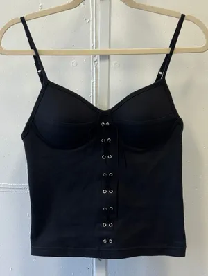 Y2K Betty Blue Lace Up Corset Style Build In Bra Bustier Cami‎ Top Gothic Lg Blk thumbnail 1