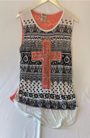 Vocal Black & White Tank Top with Coral Studded Cross thumbnail 1