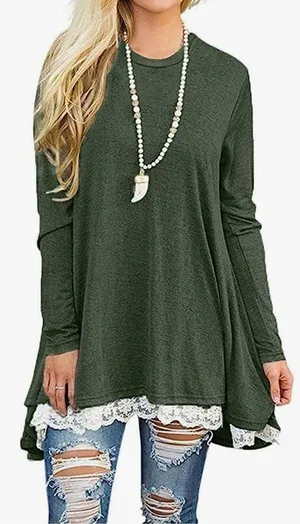 Sanifer Dark Olive Green Elongated Blouse Trimmed in White Lace - Size XL thumbnail 2