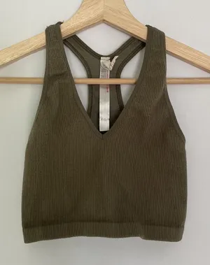 Free People Movement Happiness Runs Crop Top XS Khaki Green Women Ribbed V-Neck thumbnail 1