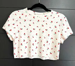YUMMY SOFT Cherries Ribbed Short Sleeve Crewneck Crop Top Shirt Women’s M EUC thumbnail 1